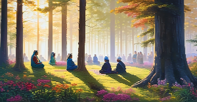 A peaceful forest scene at dawn with people participating in a healing ceremony, surrounded by nature.