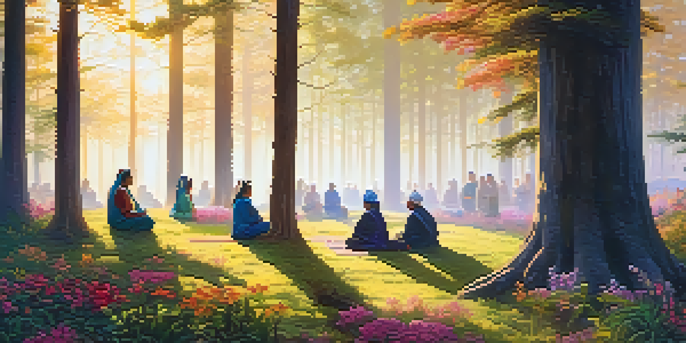 A peaceful forest scene at dawn with people participating in a healing ceremony, surrounded by nature.