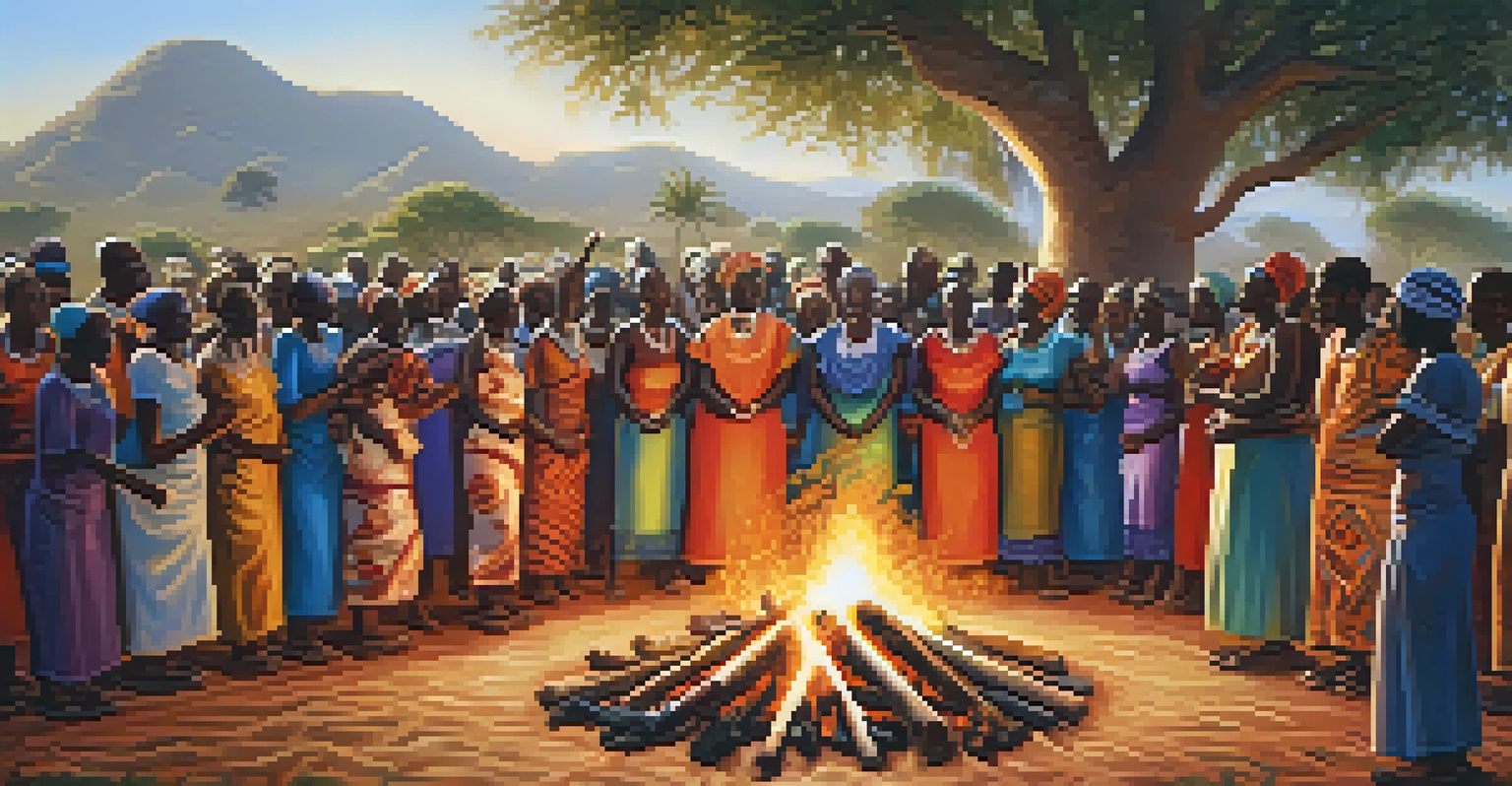 A communal gathering in an African village with people dancing and singing around a fire during a healing ritual.