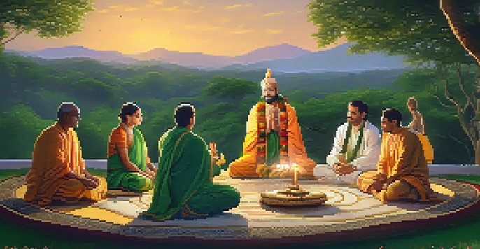 An ancient Vedic ritual scene at dusk, featuring priests preparing Soma with a lush landscape and a starry sky.