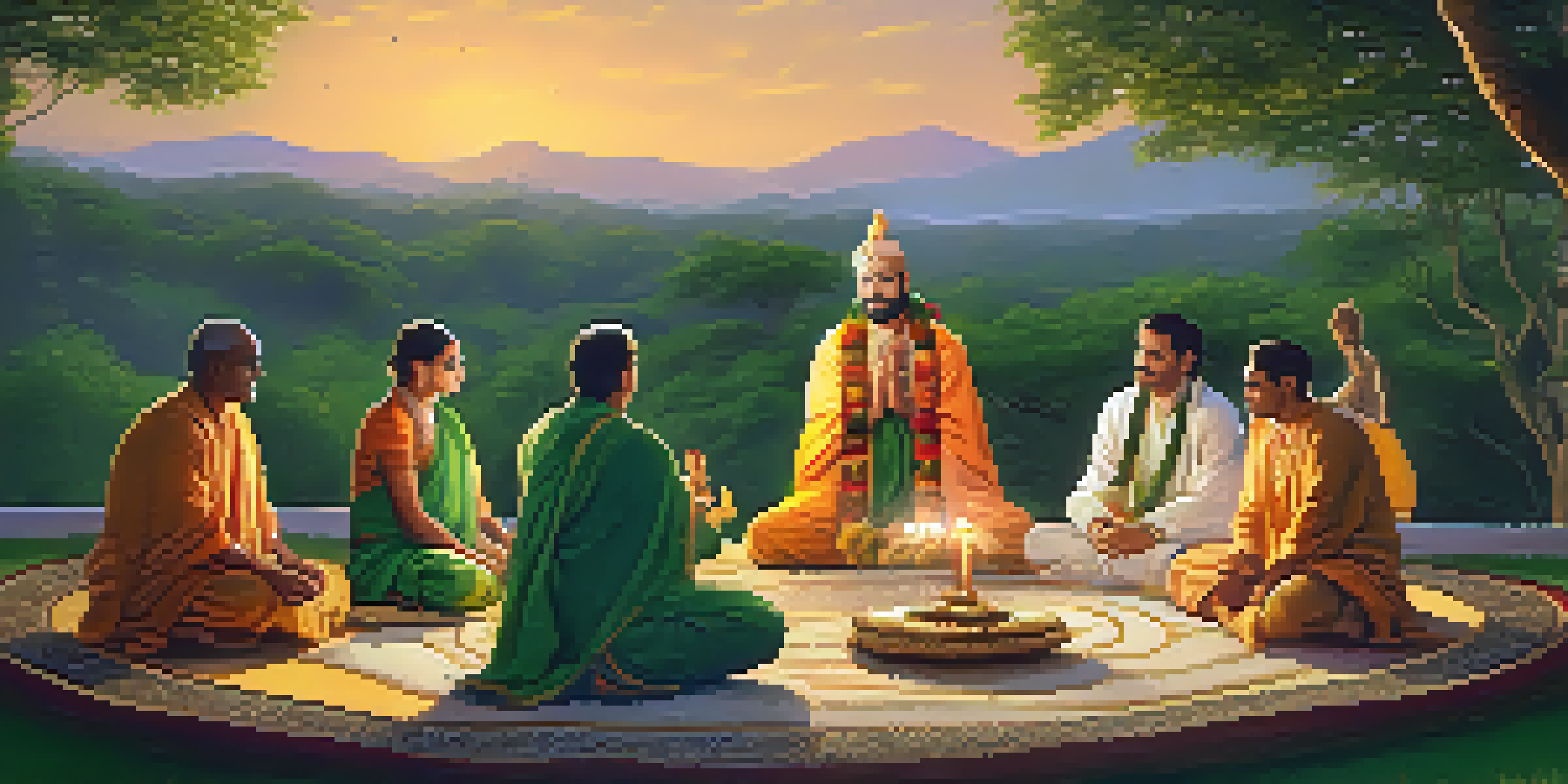 An ancient Vedic ritual scene at dusk, featuring priests preparing Soma with a lush landscape and a starry sky.