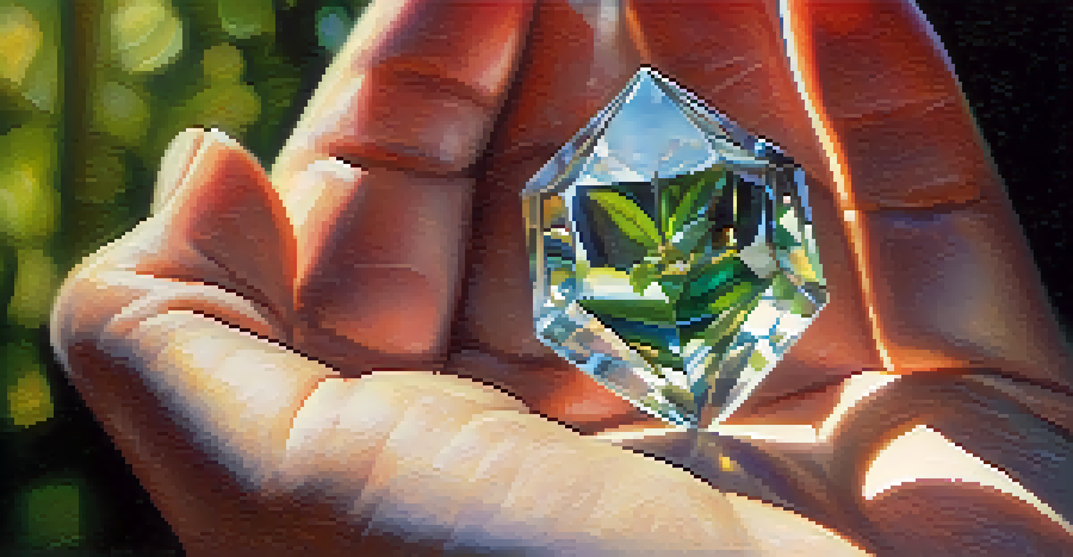 A close-up of hands holding a colorful crystal, with a softly blurred background of greenery and light.
