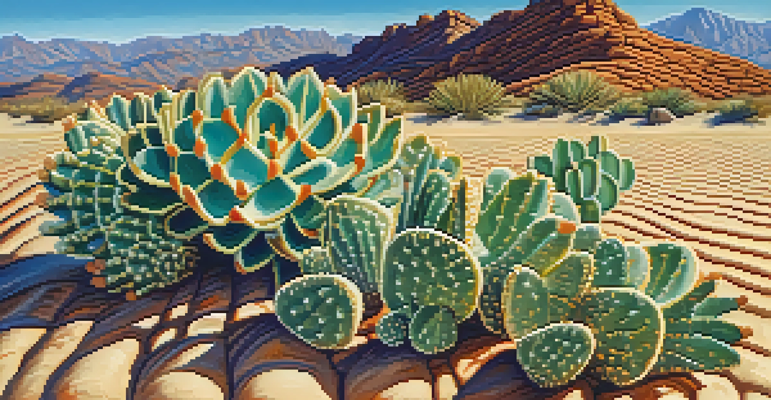 A close-up of a peyote cactus in the desert, surrounded by sand and pebbles, with mountains and a blue sky in the background.