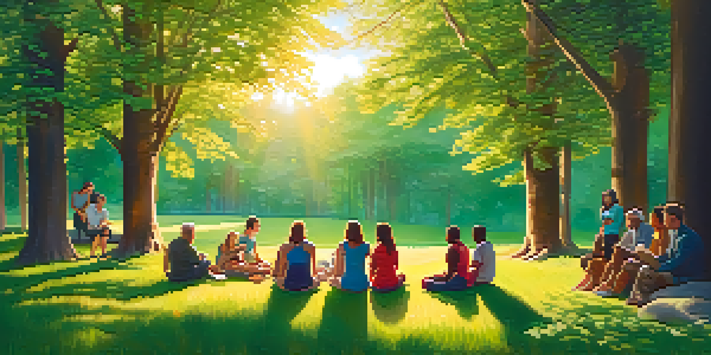 A diverse group of individuals sitting in a circle on the grass in a forest, discussing healing during golden hour.