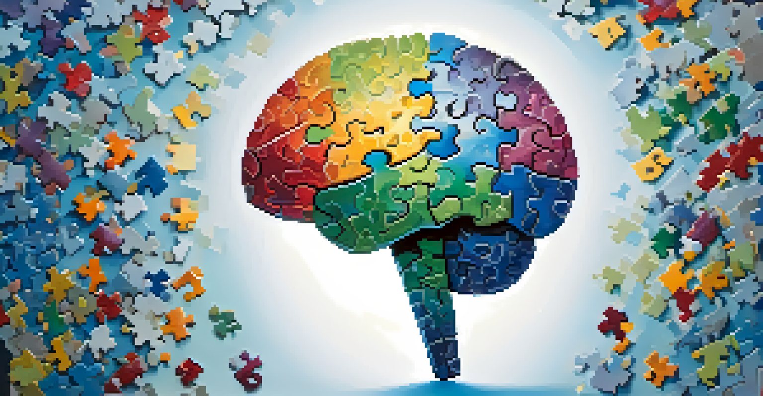 An artistic depiction of a brain made of colorful puzzle pieces, representing cognitive flexibility, against a calming blue and green gradient background.