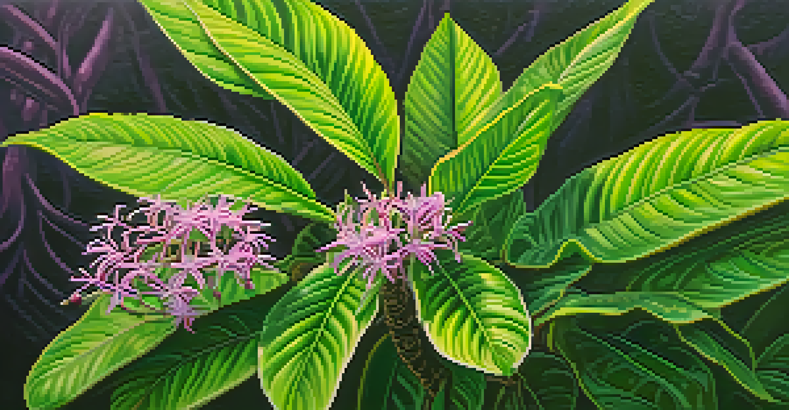 A close-up of an ayahuasca plant with intricate leaves and colorful flowers in a tropical rainforest.