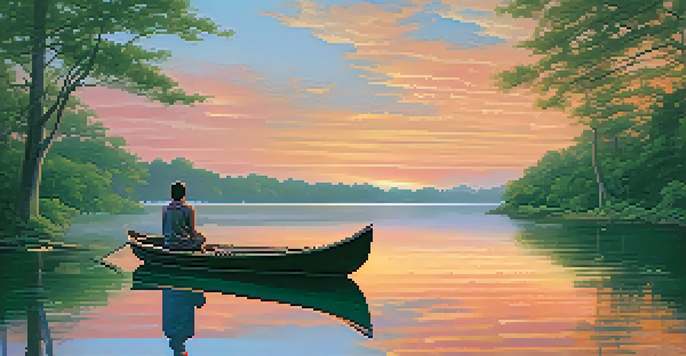 A tranquil sunset landscape with a lake, trees, and a meditating figure in a boat.