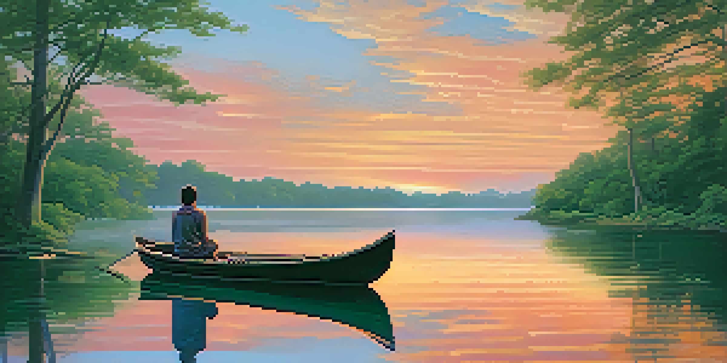 A tranquil sunset landscape with a lake, trees, and a meditating figure in a boat.