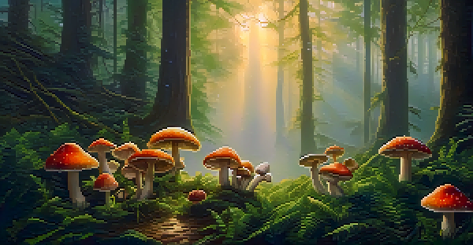 A tranquil forest at dawn with colorful psilocybin mushrooms surrounded by green plants, illuminated by soft golden light and misty air.