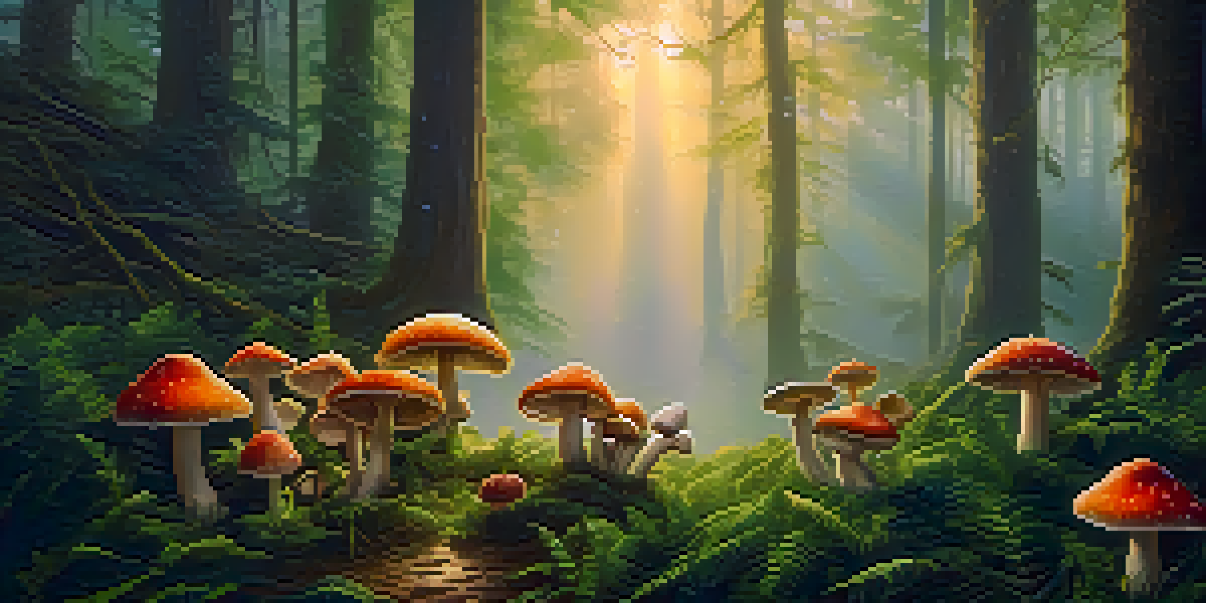A tranquil forest at dawn with colorful psilocybin mushrooms surrounded by green plants, illuminated by soft golden light and misty air.
