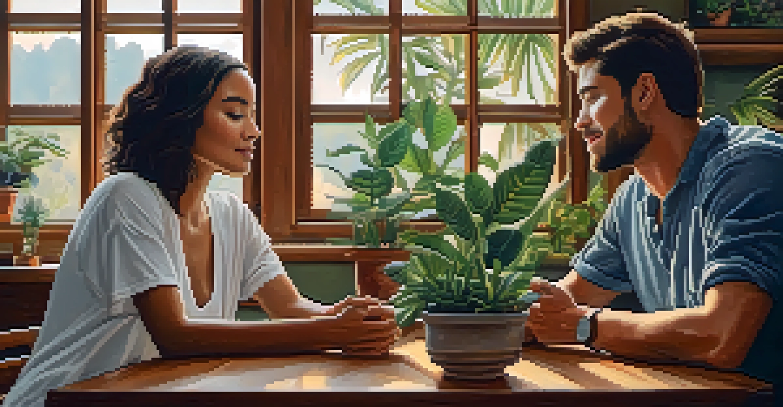 Two friends sitting across from each other at a table, holding hands and looking into each other's eyes in a cozy indoor setting.