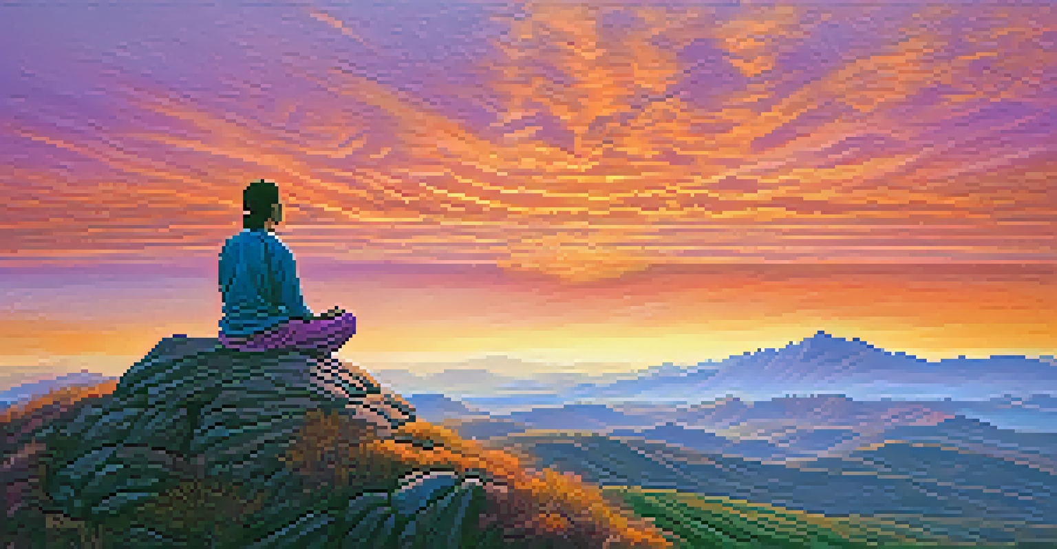 A person meditating on a mountain peak at sunset, with a colorful sky and a view of hills and valleys.