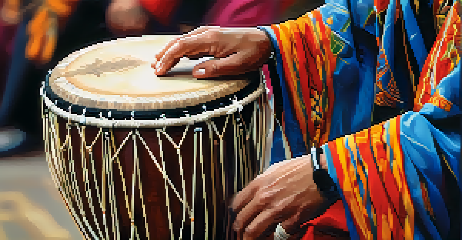 A close-up of a hand playing a drum, showcasing the details of the instrument and the musician's attire.