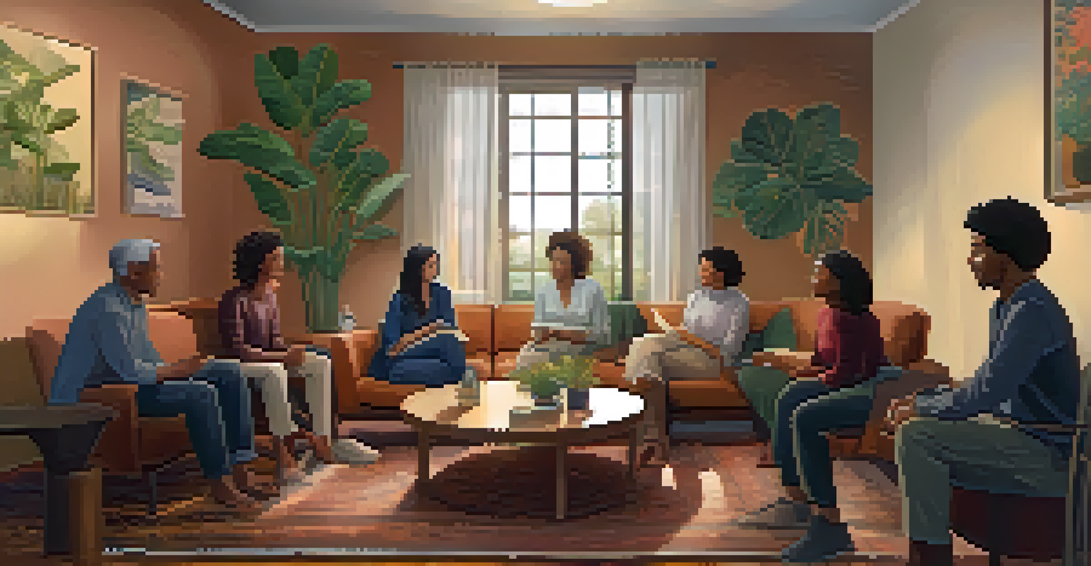 An indoor group therapy session with participants sharing experiences in a warm, cozy room with soft lighting and decorations.