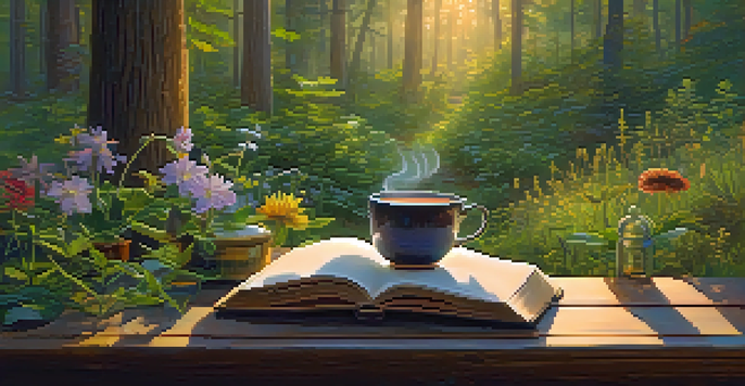 A serene forest with soft morning light, featuring a wooden table with herbal tea and an open book surrounded by green foliage and flowers.