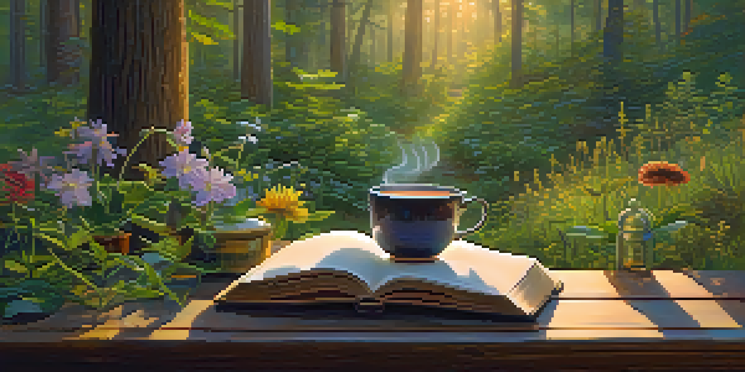 A serene forest with soft morning light, featuring a wooden table with herbal tea and an open book surrounded by green foliage and flowers.