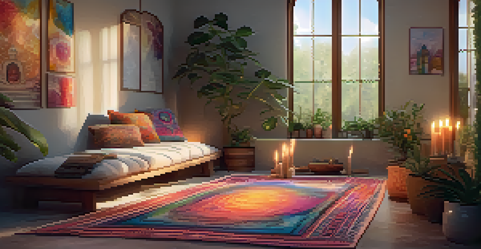 A cozy meditation space with cushions, warm lighting, and an altar surrounded by plants and calming art.