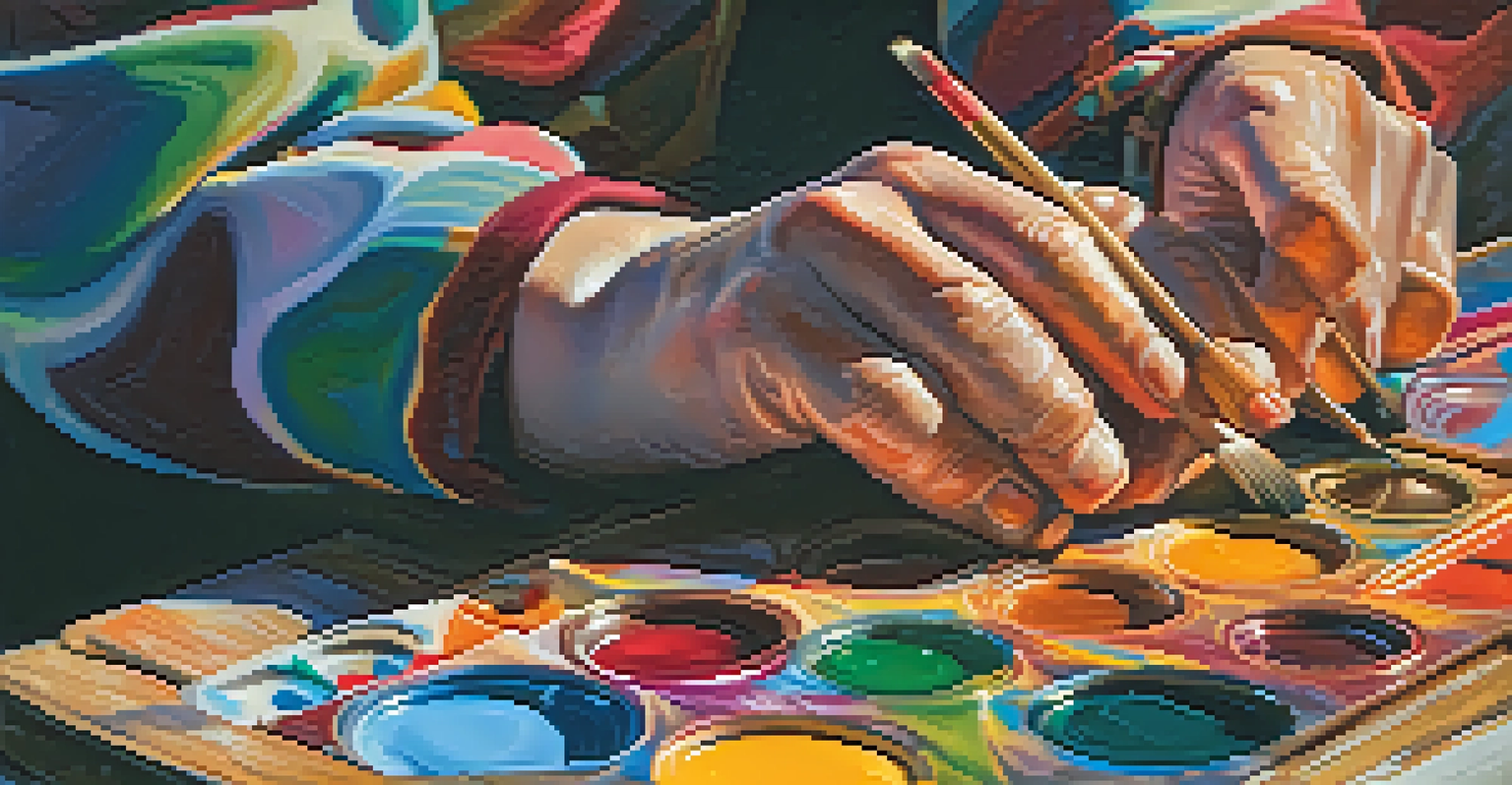 Close-up of a painter's hands mixing colors on a palette with an abstract canvas in the background.