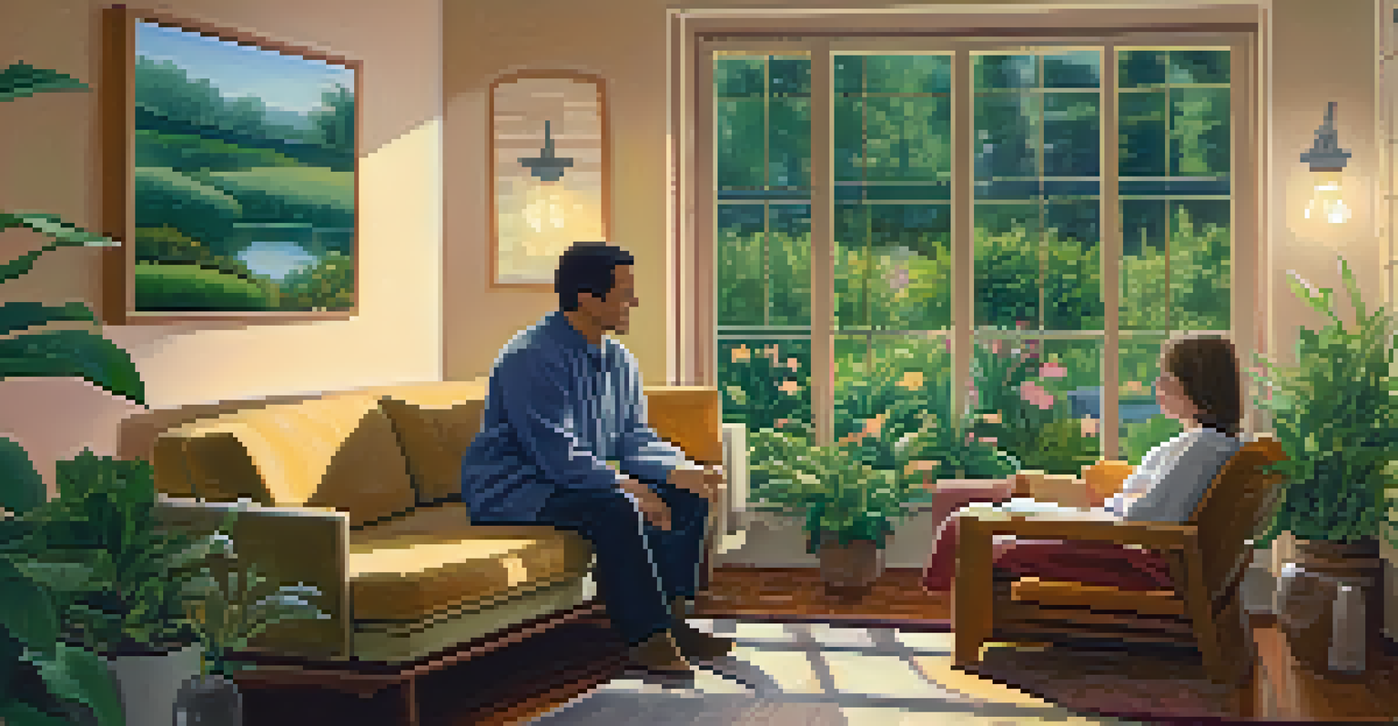 A warm and inviting therapy room with a therapist and patient in conversation, surrounded by plants and soft lighting, conveying a sense of healing.