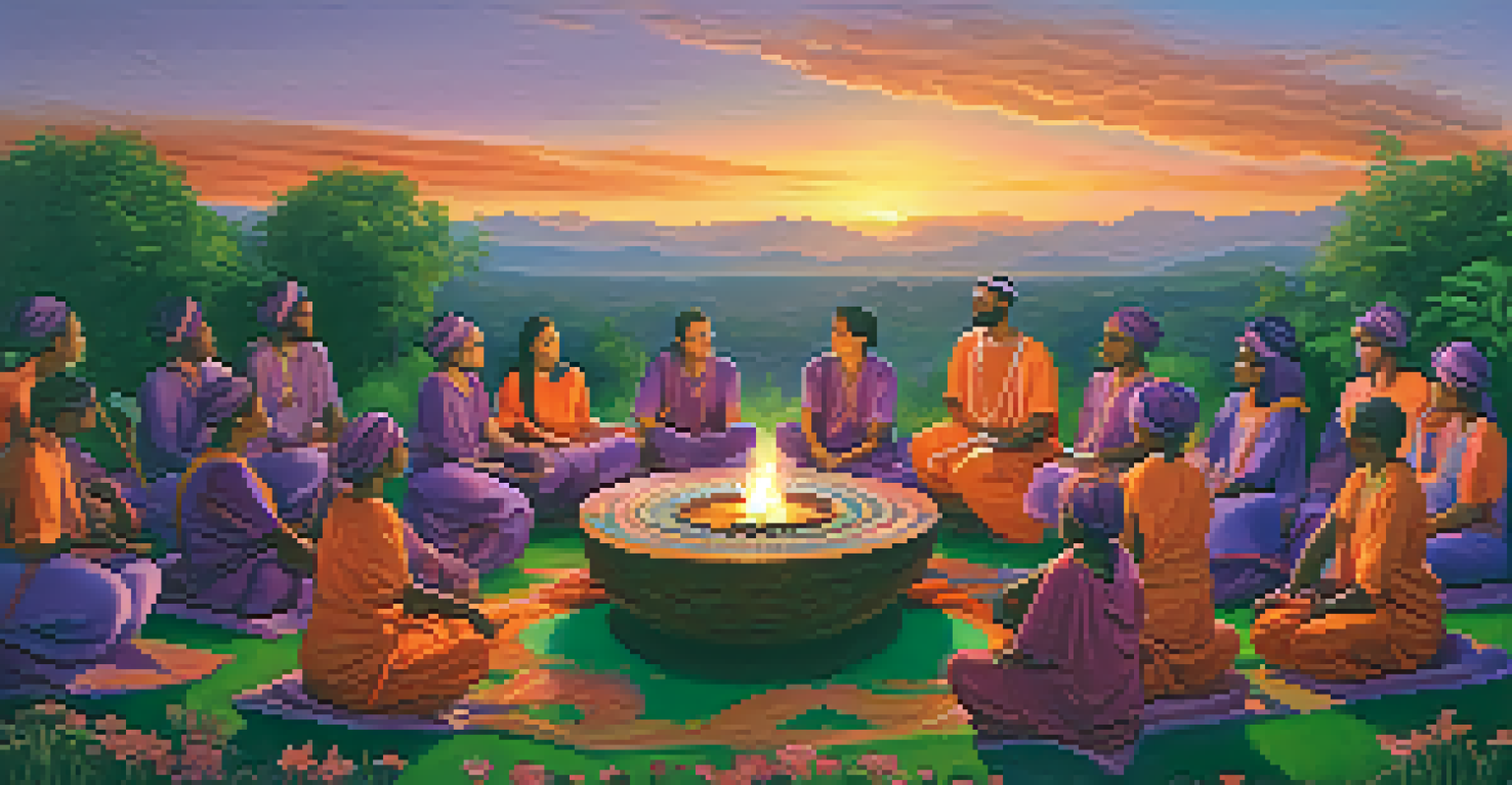 A group of people drumming together outdoors during sunset, creating a joyful and energetic atmosphere.