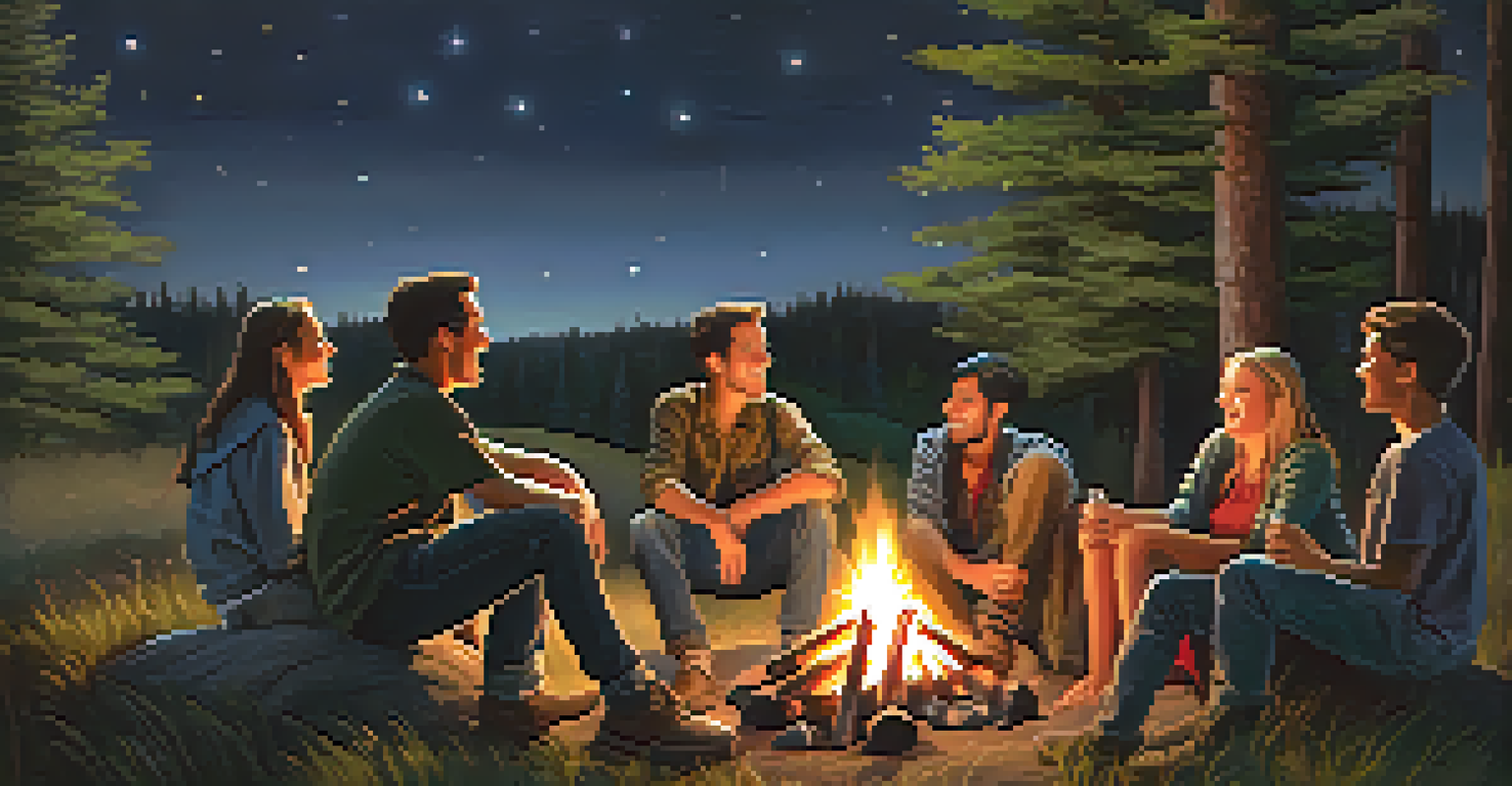 Friends around a campfire at night, sharing stories under a starry sky.