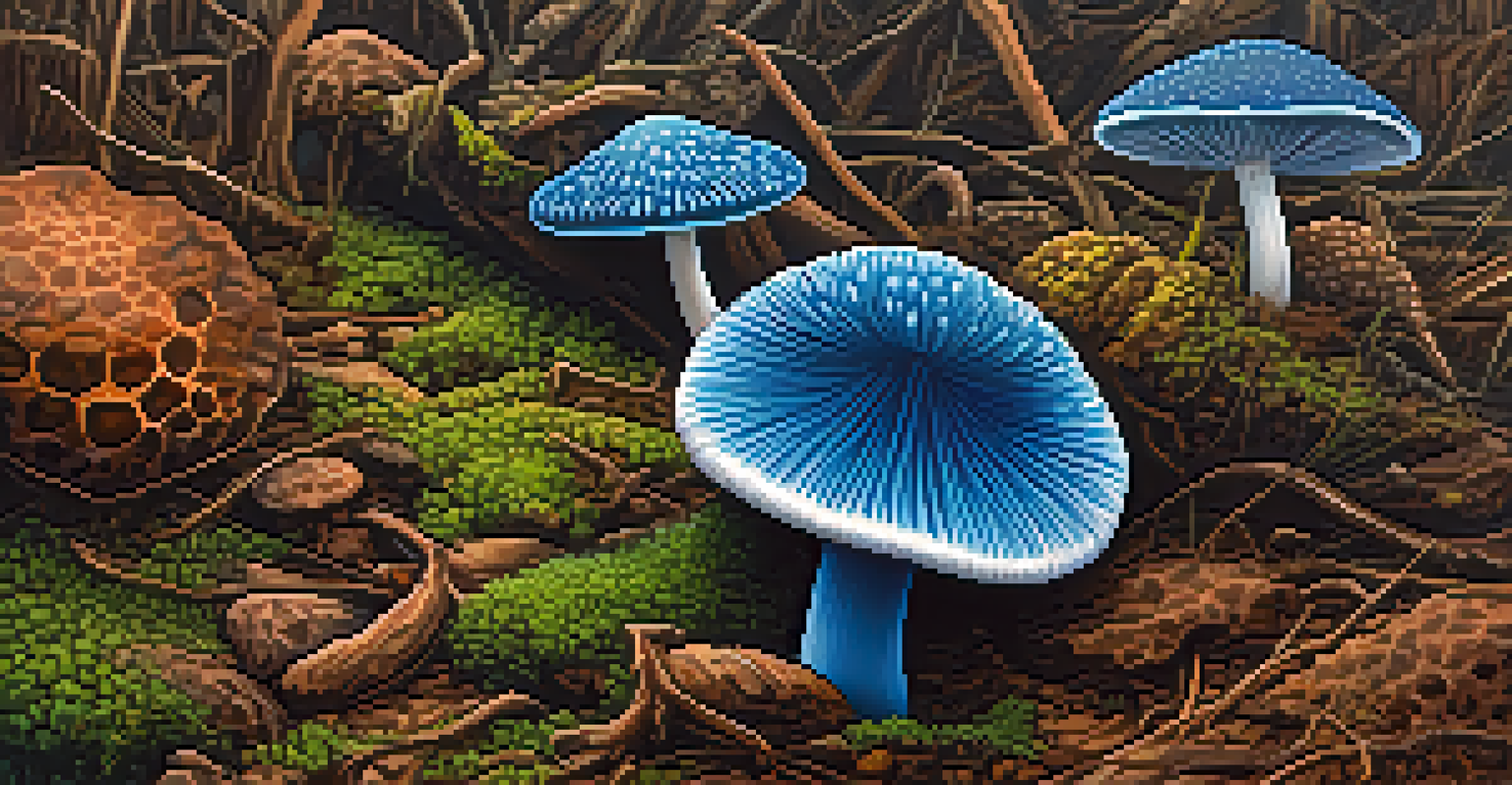 Close-up image of a psilocybin mushroom with vibrant blue colors and textures.