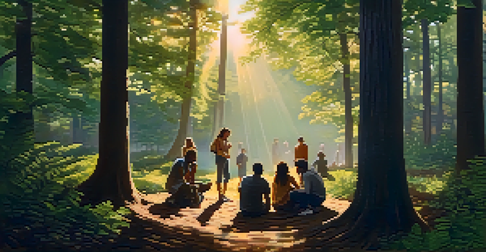 A diverse group of individuals sitting in a circle in a forest during sunset, sharing stories and experiences.