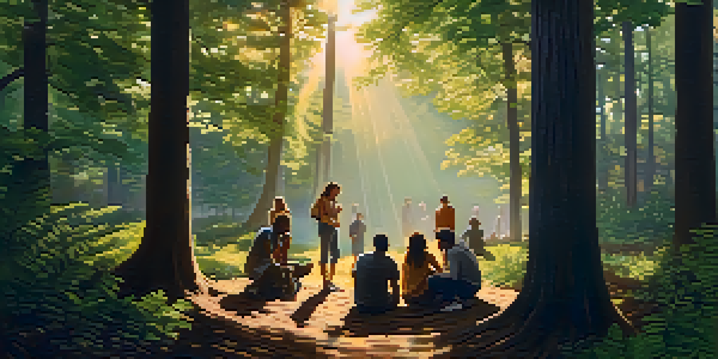 A diverse group of individuals sitting in a circle in a forest during sunset, sharing stories and experiences.