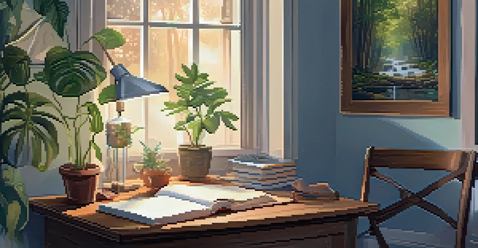 A person journaling in a cozy indoor space, surrounded by warm lighting and nature-inspired decor.