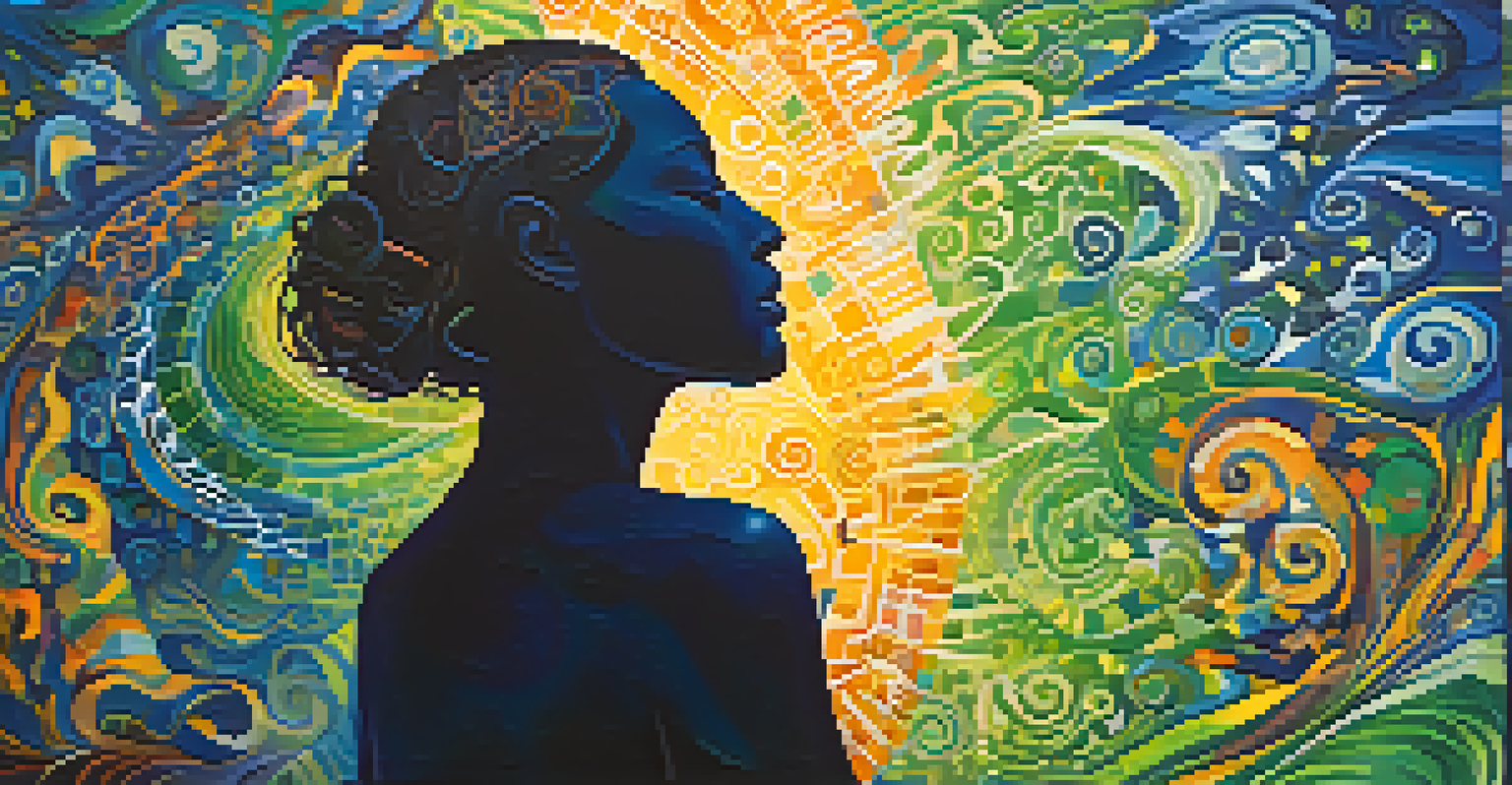 An abstract image depicting a silhouette surrounded by colorful patterns, representing the transformative experience of Ayahuasca.