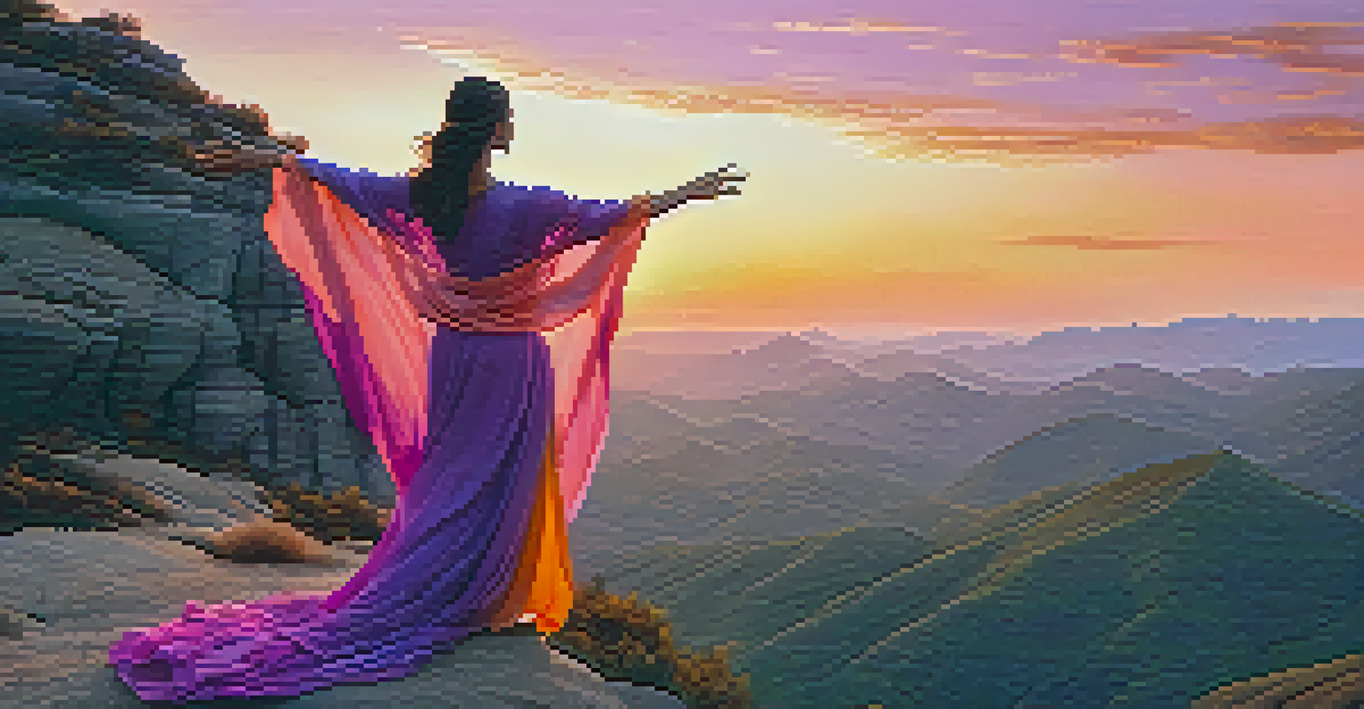 A woman standing on a cliff at sunset, with her arms raised, overlooking a beautiful landscape filled with greenery and a river.