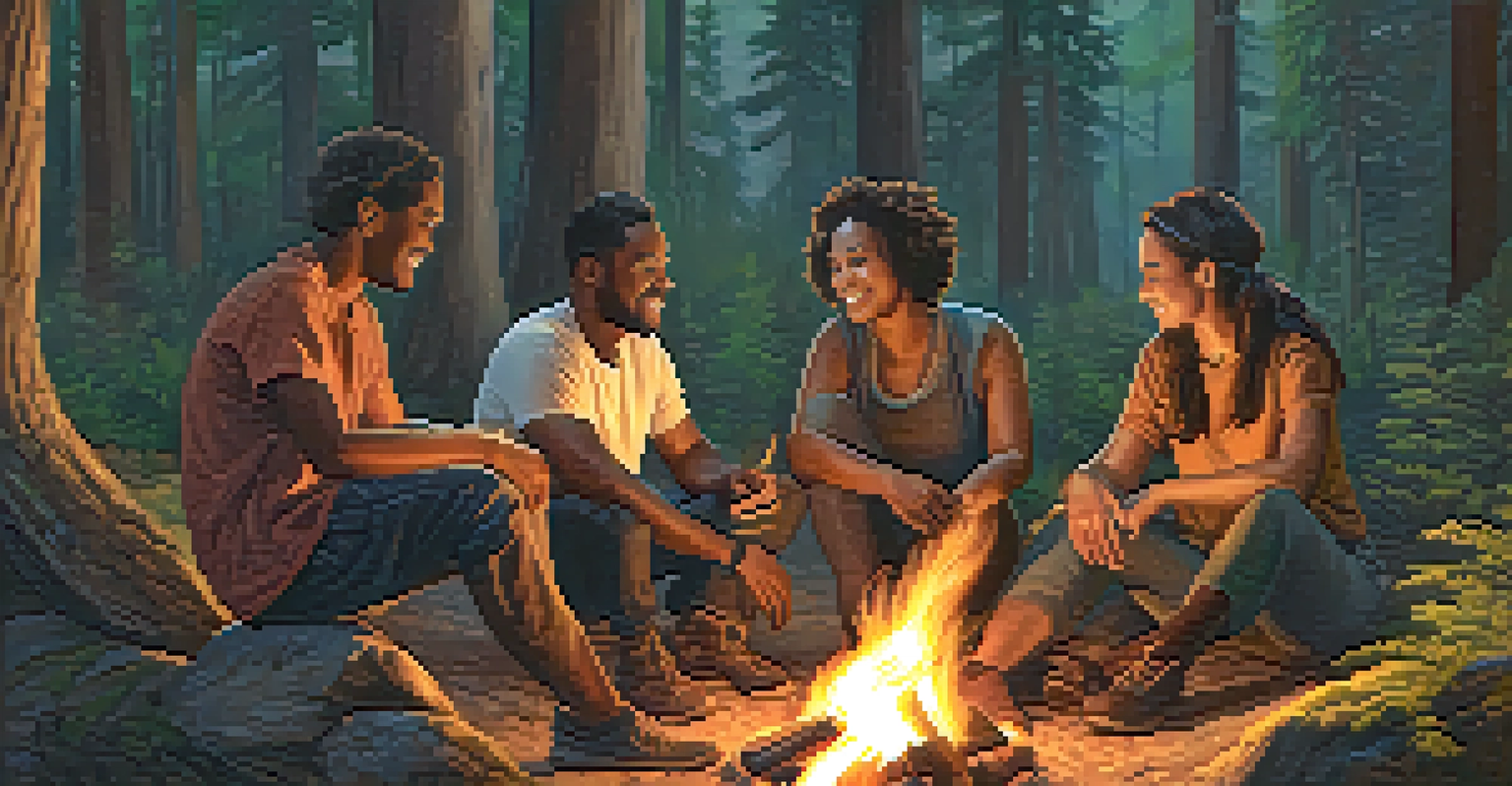 A diverse group of people sitting around a campfire in a forest, sharing stories and laughter, creating a sense of community.