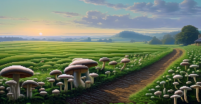 A green farm with rows of psilocybin mushrooms under soft morning light, surrounded by hills and a clear sky.