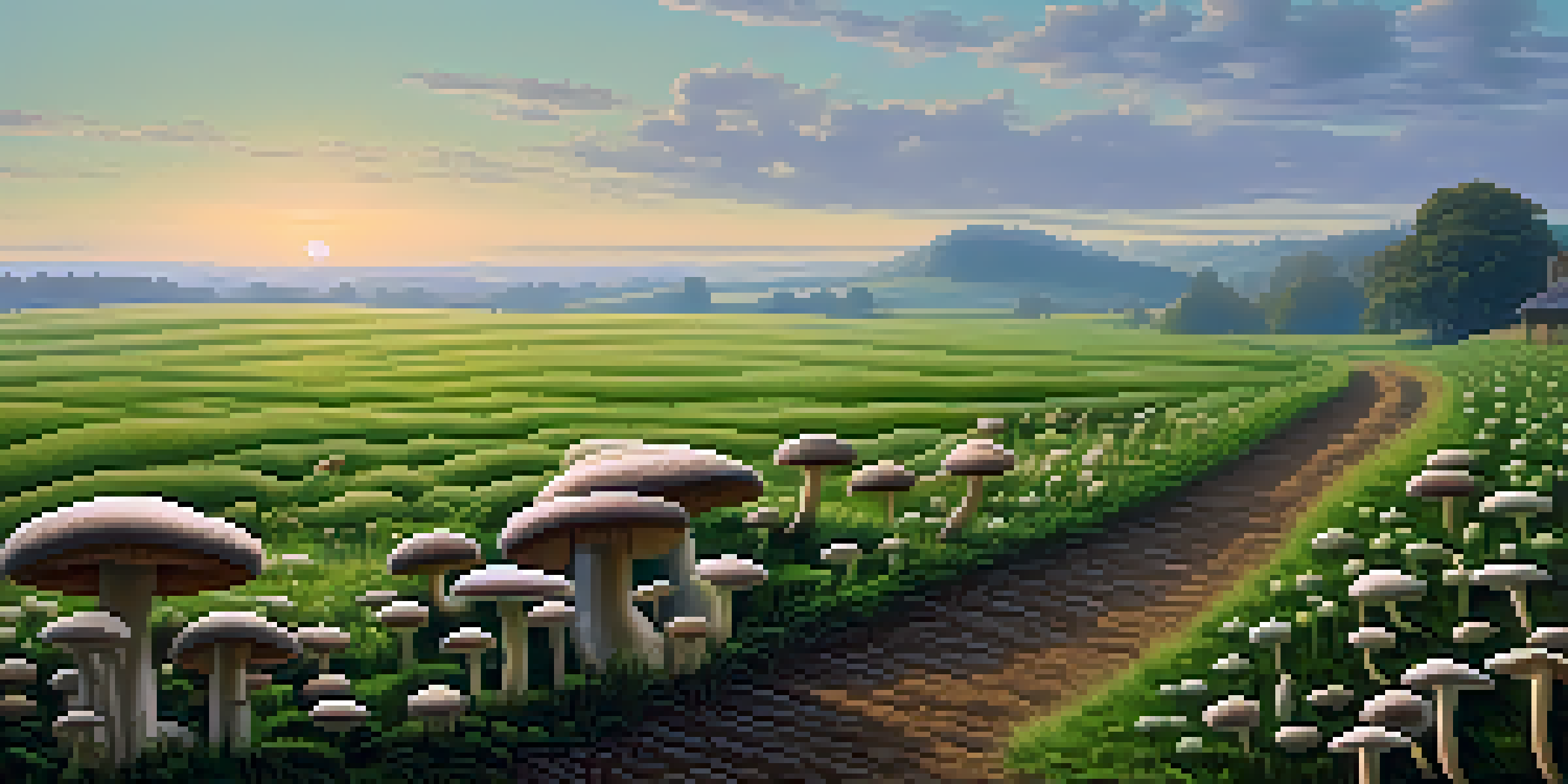 A green farm with rows of psilocybin mushrooms under soft morning light, surrounded by hills and a clear sky.