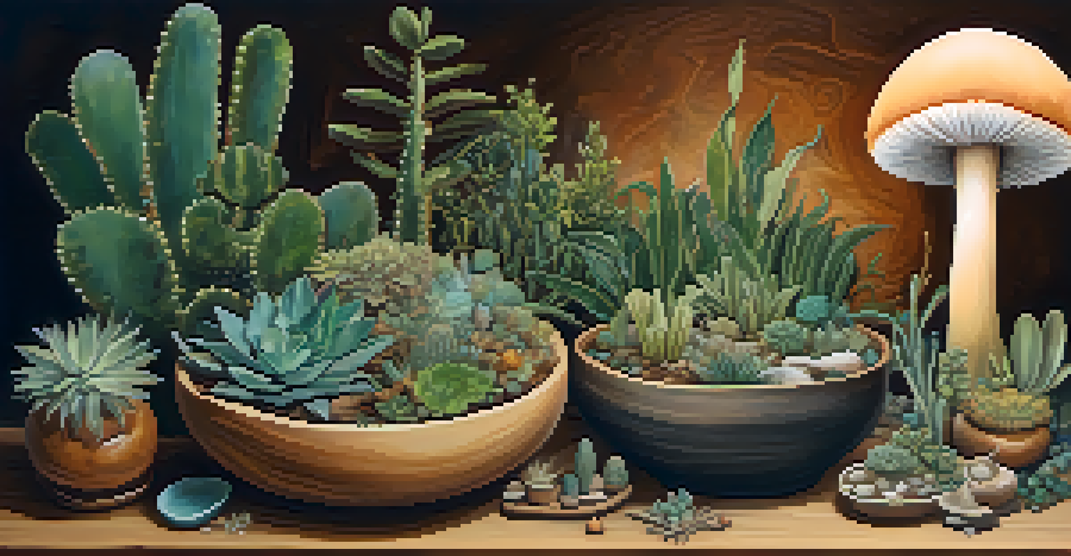 A wooden table showcasing various entheogenic plants like psilocybin mushrooms, ayahuasca vines, and peyote cacti, with warm lighting and a ceramic bowl.