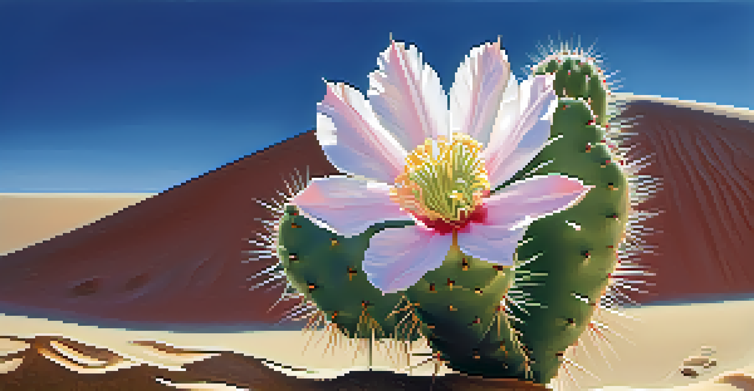 A close-up view of a blooming peyote cactus flower in a desert landscape, showcasing delicate petals and green spines against a soft-focus background of sand dunes and blue sky.