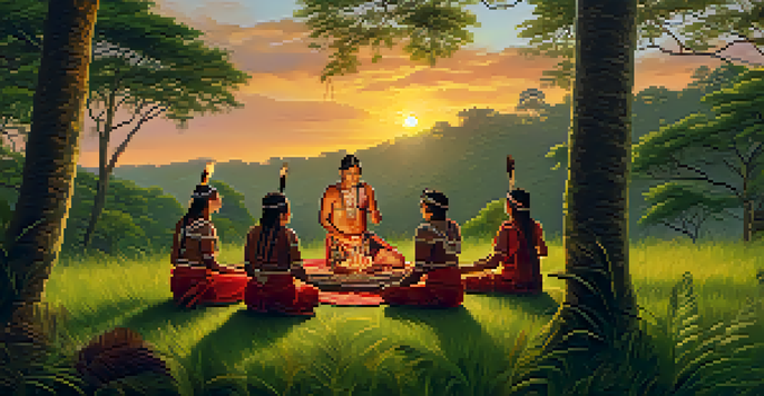 A beautiful sunset over a green forest with indigenous people performing a traditional ritual, creating a serene and spiritual atmosphere.