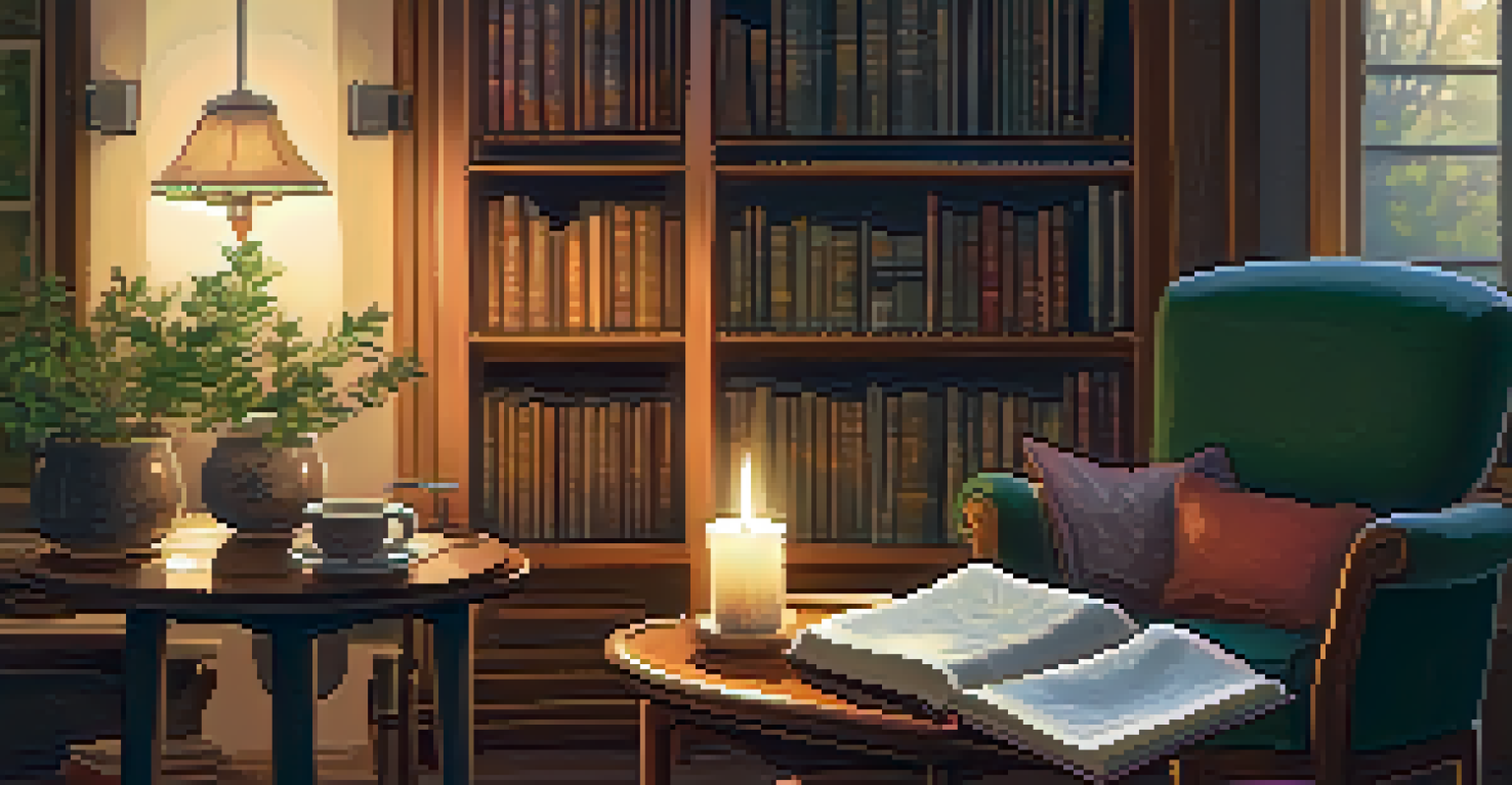 A cozy indoor scene with an armchair, a journal, a cup of tea, and a candle.