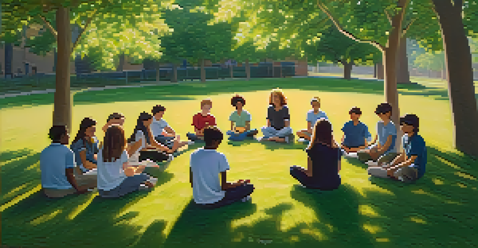 Students sitting in a circle on grass during a mindfulness session in a peaceful outdoor setting.