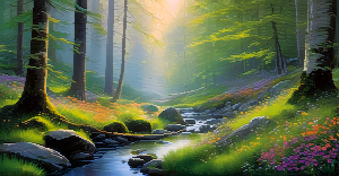 A peaceful forest at dawn with sunlight filtering through the trees, vibrant moss, wildflowers, and a clear stream.