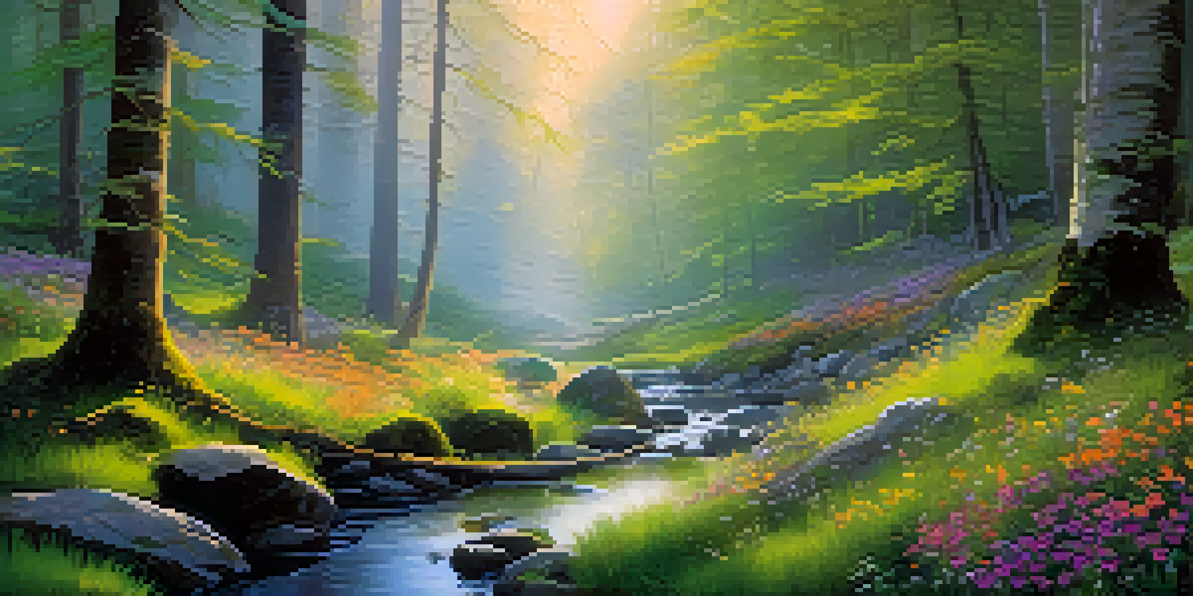 A peaceful forest at dawn with sunlight filtering through the trees, vibrant moss, wildflowers, and a clear stream.