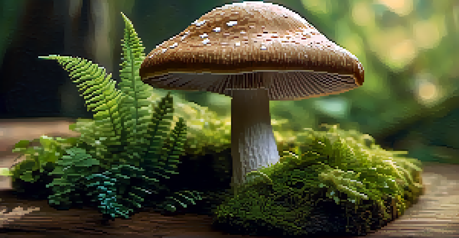 A close-up view of a psilocybin mushroom on a wooden table, with sunlight and surrounding ferns, highlighting its natural beauty.