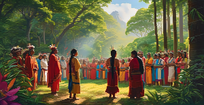 A peaceful Indigenous gathering in a forest, showcasing traditional attire and a ritual involving entheogens, with warm sunlight filtering through the trees.