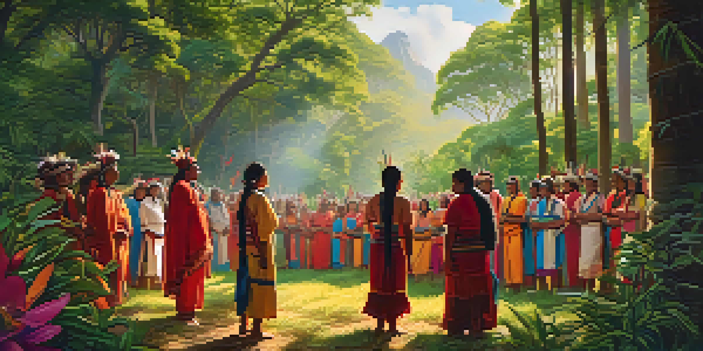 A peaceful Indigenous gathering in a forest, showcasing traditional attire and a ritual involving entheogens, with warm sunlight filtering through the trees.