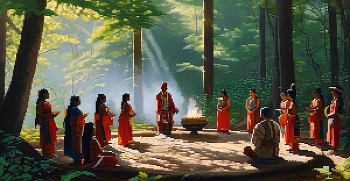 An Indigenous ceremony in a forest with participants in traditional attire, surrounded by natural elements and a fire, illuminated by sunlight.