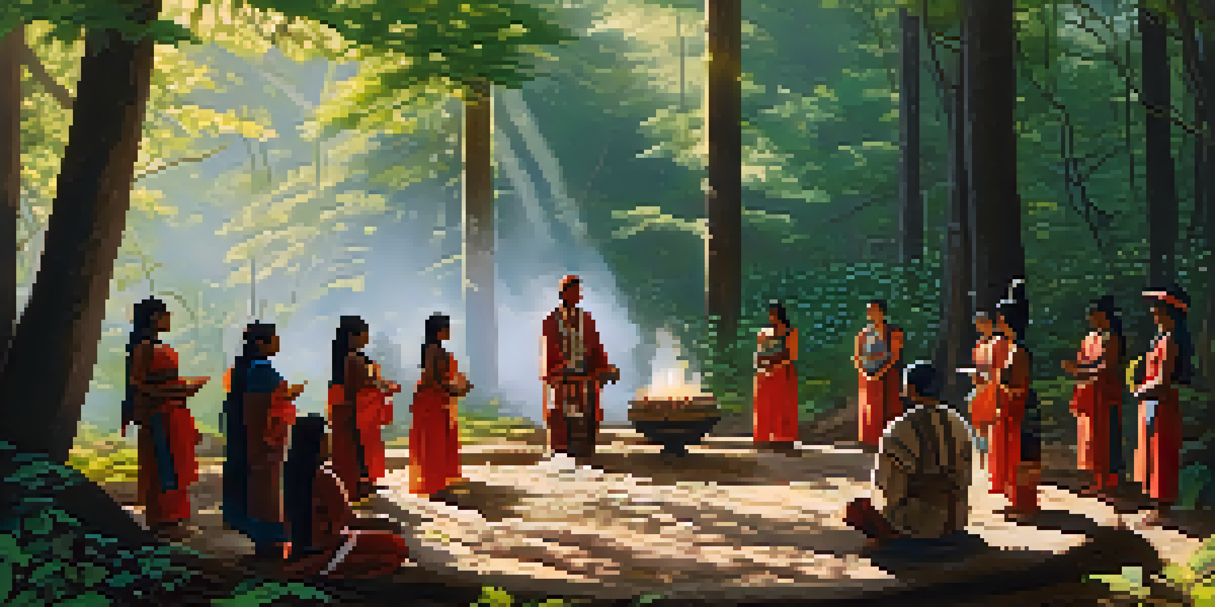 An Indigenous ceremony in a forest with participants in traditional attire, surrounded by natural elements and a fire, illuminated by sunlight.