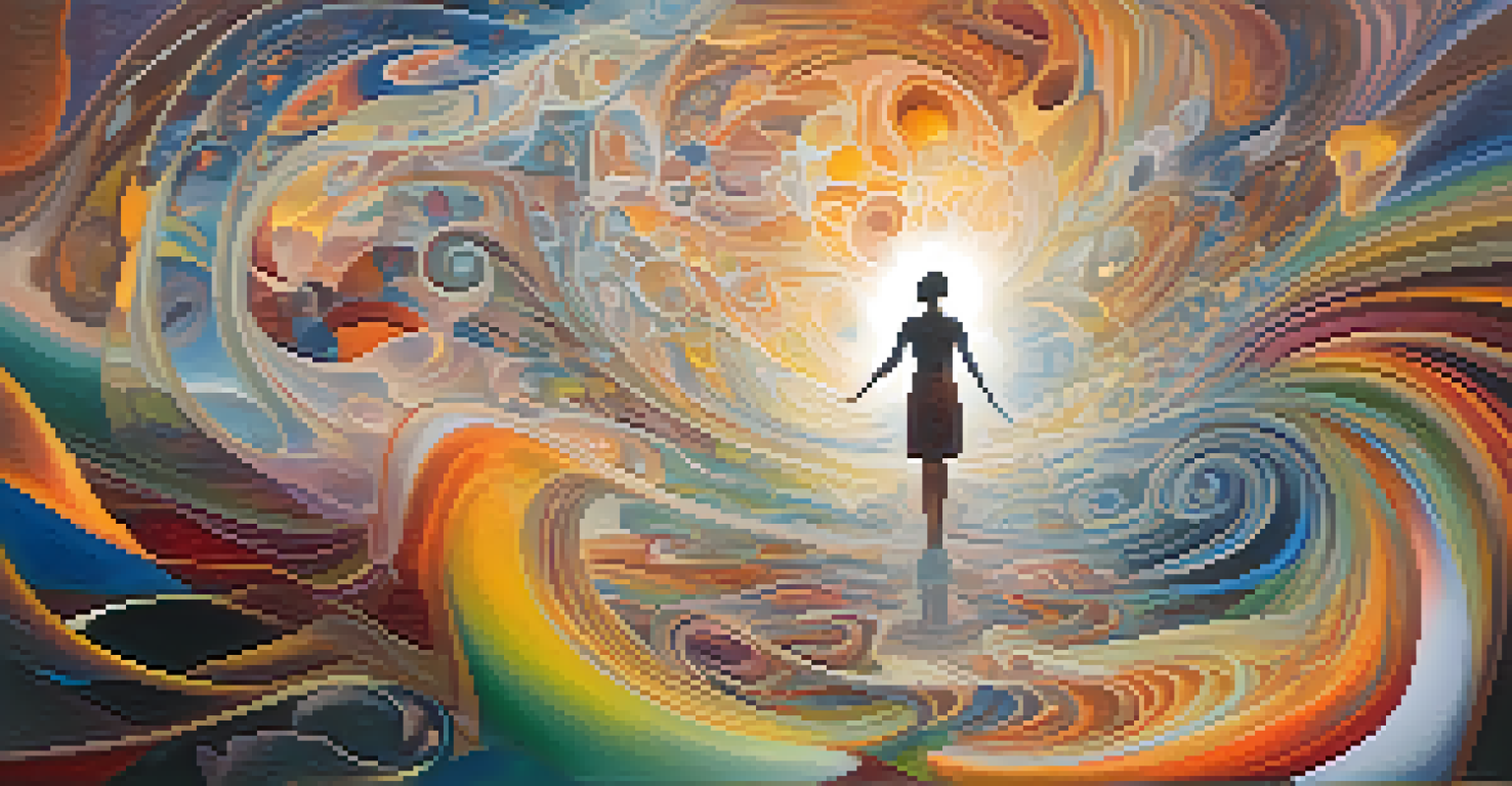 An abstract image of a person in a dream state surrounded by swirling colors and shapes, with fragments of familiar objects visible.