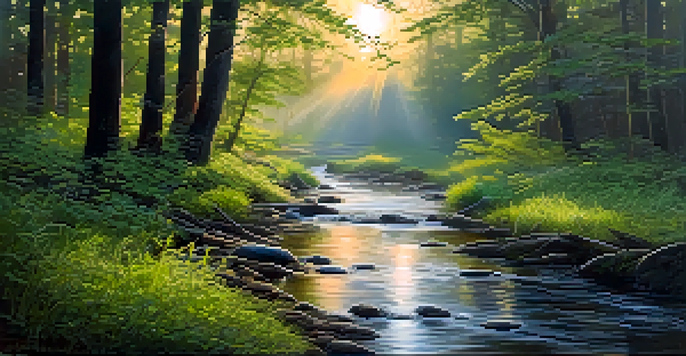 A peaceful forest at dawn with sunlight filtering through trees and a gentle stream.