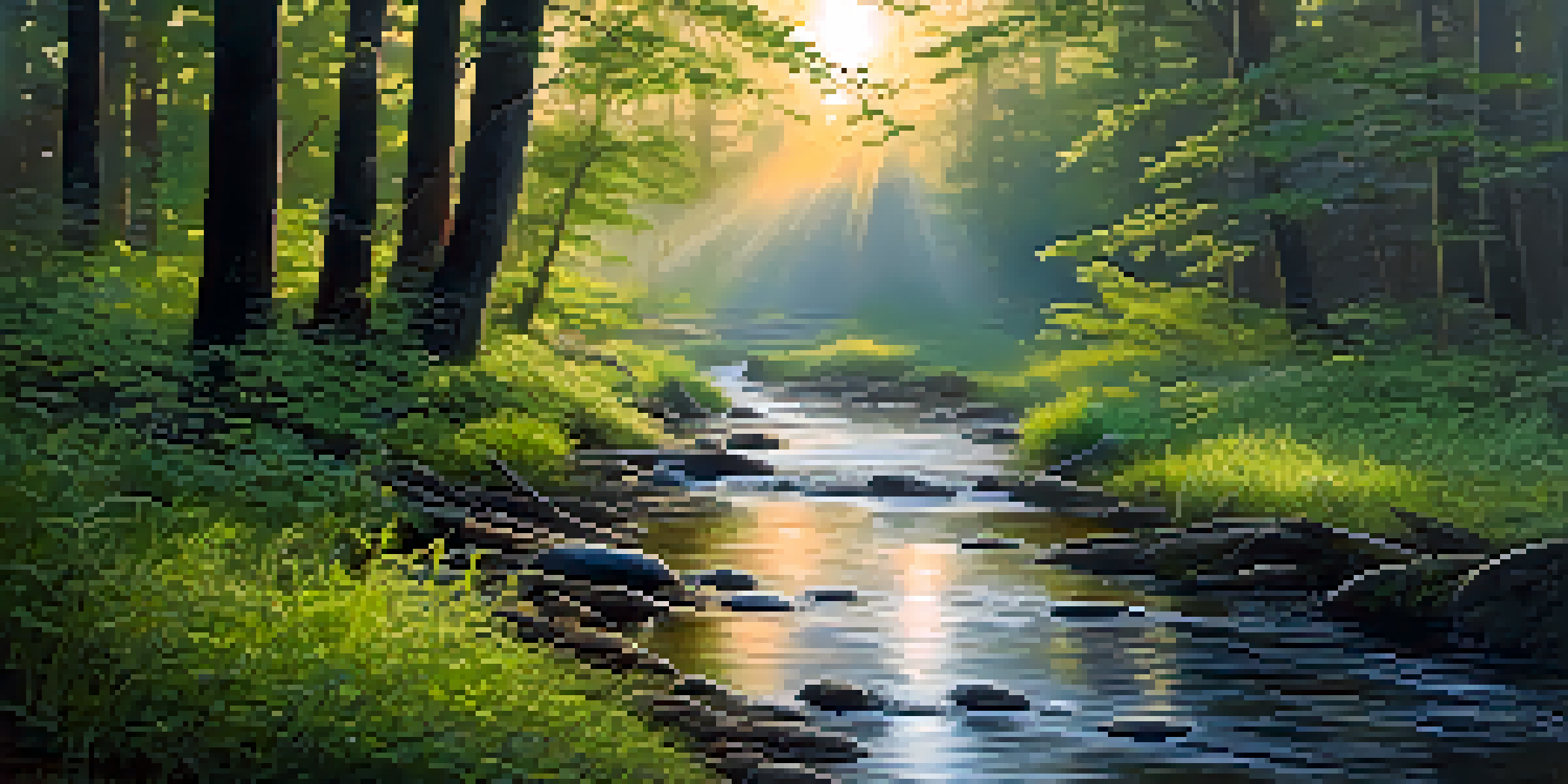 A peaceful forest at dawn with sunlight filtering through trees and a gentle stream.