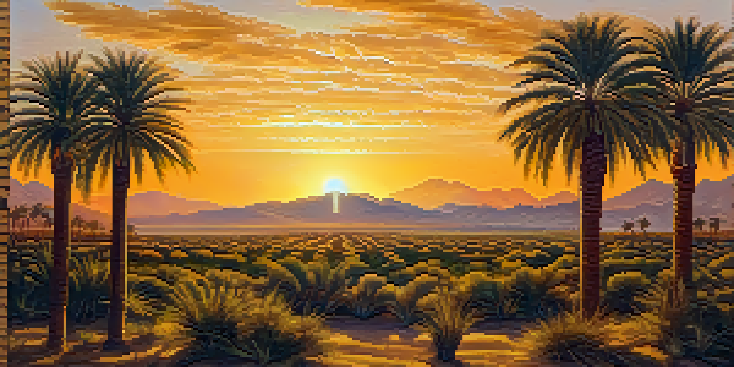 A peaceful landscape depicting a date palm grove in ancient Mesopotamia during sunset, with ziggurats in the background.